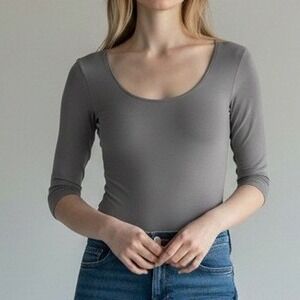 Wolford Women Bodysuit M Gray 3/4 Sleeve Scoop Neck Modal Blend Comfort